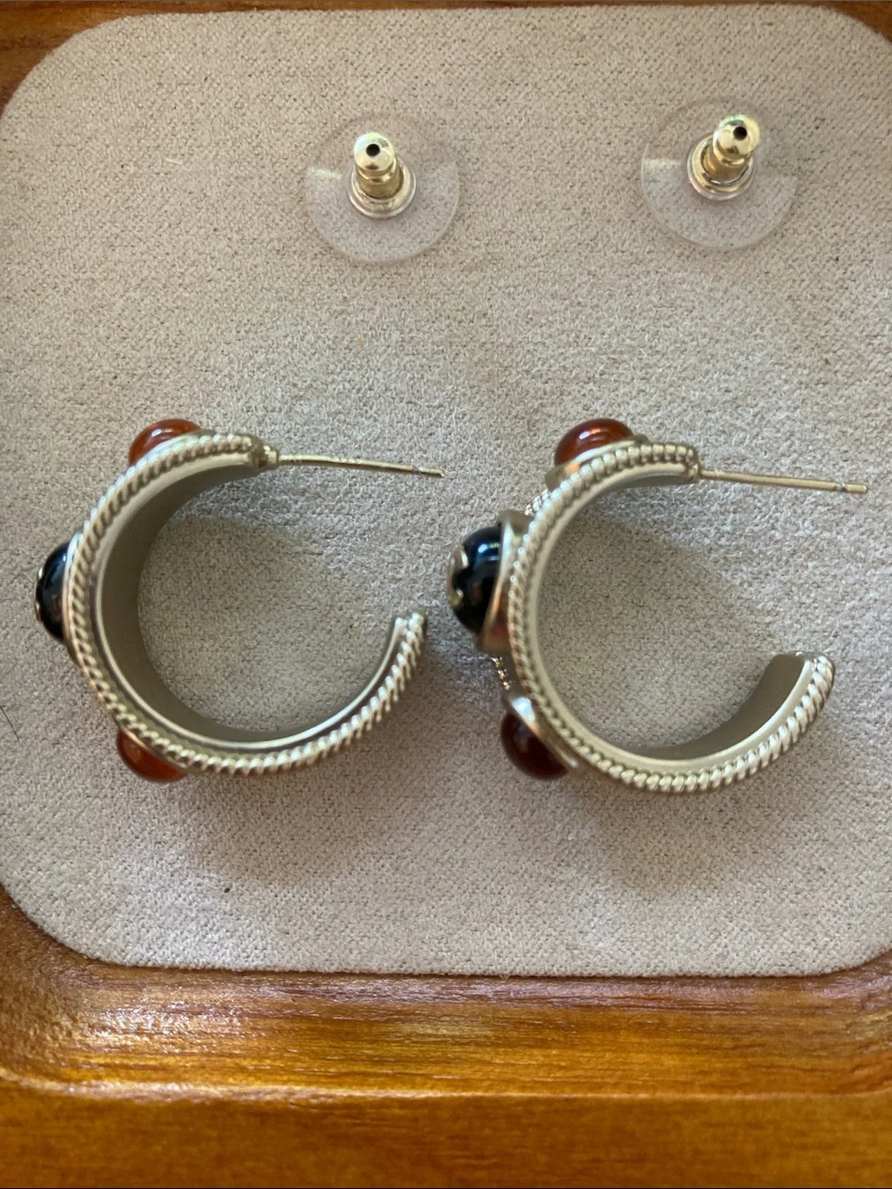 CHANEL Gold-Tone Oval Drop Earrings with Orange Cabochons